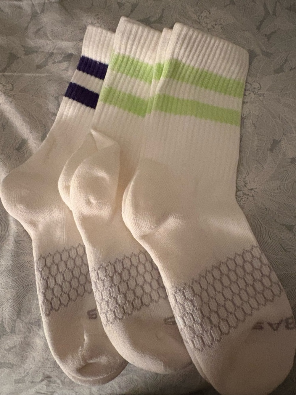 Bombas 3 pk White Athletic Crew Socks with Lime and Navy Stripes